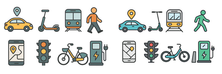 Poster - Various modes of urban transportation in colorful icons showing cars, scooters, bikes, and public transport activities