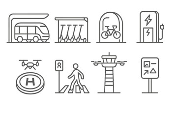 Aufkleber - Transportation symbols depicting various urban mobility options and infrastructure for bicycles, drones, and pedestrians