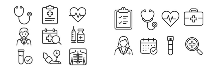 Aufkleber - Health and medical icons depicting various aspects of healthcare, doctor-patient interactions, and medical technology advancements