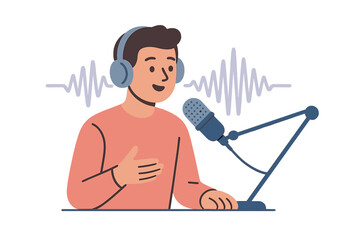 Aufkleber - Young man recording a podcast with headphones and a microphone in a studio setting