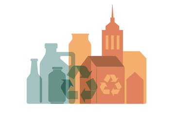 Poster - Sustainable urban living with recycling efforts represented by buildings and containers in a colorful composition
