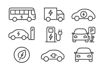 Poster - Collection of electric vehicle icons representing a bus, car, and charging stations in a minimalist design