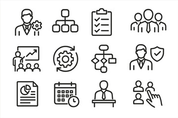 Poster - Business planning and teamwork concepts illustrated with simple line drawings showcasing different aspects of management and organization