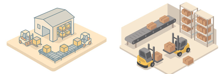 Poster - Warehouse operations with forklifts and conveyor belts managing package sorting and distribution activities
