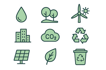 Poster - Nature icons representing sustainability concepts like renewable energy, greenhouse gases, and environmental conservation efforts