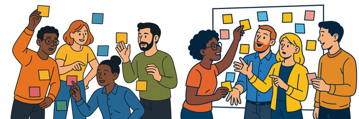 Poster - Team collaboration in a workspace with colorful sticky notes for brainstorming and idea generation