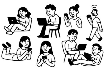Fototapete - Group of diverse individuals engaged in various activities using laptops and mobile devices in a modern workspace