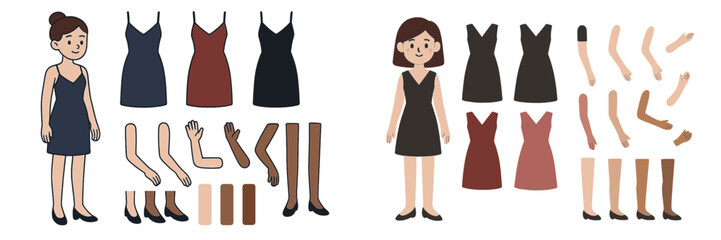 Aufkleber - Character design featuring multiple dress and limb options for animation or illustration in a versatile format