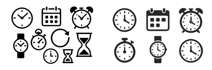 Aufkleber - Various clock and time-related icons displayed in a clean layout showing different timekeeping devices and their styles
