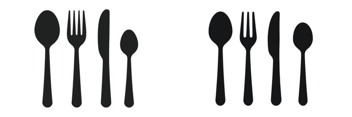 Aufkleber - Black utensil silhouettes on a clean background showcasing various cutlery shapes and sizes for dining purposes