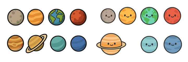 Poster - Cute cartoon representations of planets in a colorful layout, showing a variety of designs and expressions for each celestial body