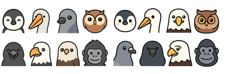 Poster - Collection of cute animal illustrations featuring various birds and monkeys in a fun character style