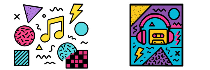 Poster - Colorful geometric shapes and music elements create a vibrant visual theme with a retro cassette design