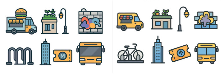 Poster - Colorful graphic elements depicting urban food trucks, transportation, and city scenes in a vibrant city setting