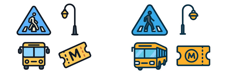 Poster - Icons of public transport and pedestrian safety highlighting bus routes and ticketing in urban settings