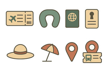 Poster - Travel essentials including tickets, passport, and beach hat arranged on a light background for vacation planning