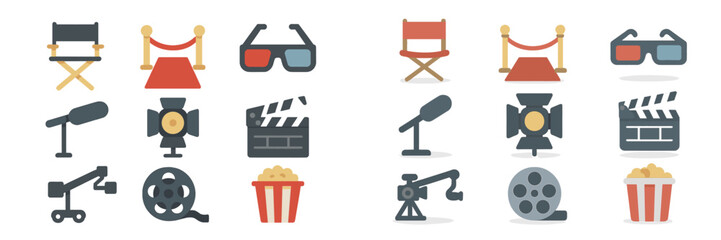 Aufkleber - Colorful film and cinema icons representing various aspects of movie production and viewing experiences