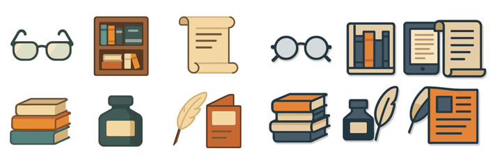 Poster - Minimalistic illustrations of reading materials and writing tools arranged on a simple background showcase a love for literature and knowledge