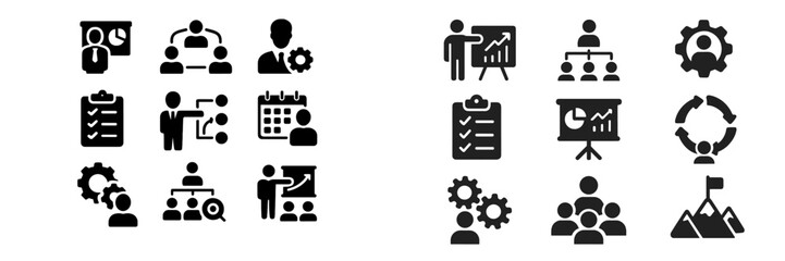 Poster - Icons representing business management and teamwork in a minimalistic design with a focus on analytics and collaboration