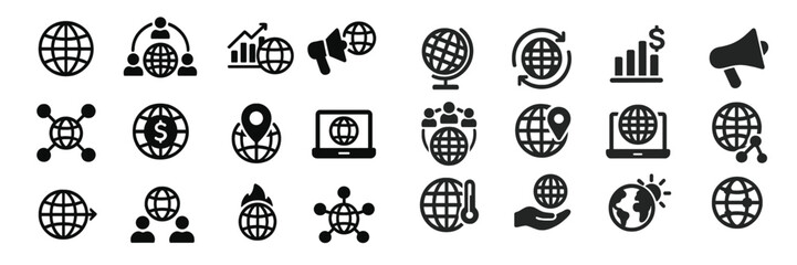 Poster - Globes and icons representing global connectivity, trade, and communication in a digital context used for business presentations