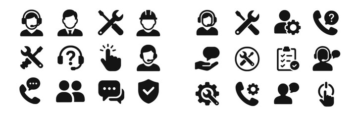 Poster - Collection of customer service and support icons in black and white representing various service roles and tools