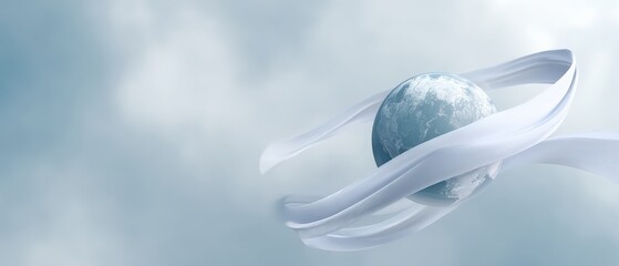 Poster - Abstract Earth Globe with Flowing White Fabric on Soft Blue Background Concept of Global Awareness, Environmental Protection, and Serenity