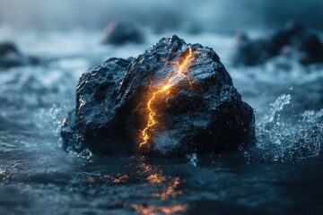 Wall Mural - a dark, wet rock with a glowing crack of light inside, partially submerged in water.