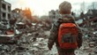 © svastix - This poignant image of a young boy standing amidst a war-torn landscape evokes feelings of loss, resilience, and hope, capturing a moment of innocence amidst devastation and chaos.