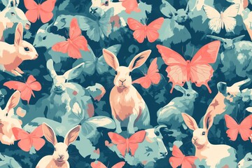 Poster - Seamless pattern featuring adorable rabbits and vibrant butterflies, creating a whimsical and enchanting design