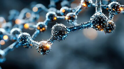 Poster - Macro view of an abstract molecular structure with interconnected blue and black spheres, glowing orange accents, and a futuristic aesthetic