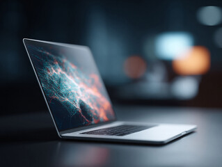 Poster - Sleek laptop displaying abstract data visualization. Represents innovation, technology, connectivity, and future concepts. Ideal for digital marketing, web design, and presentations.