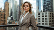 © MdAl - Confident businesswoman in elegant suit standing in modern downtown cityscape, high-rise buildings in background
