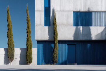 Poster - Modern minimalist building facade with white concrete walls, blue metal accents, and tall slender cypress trees in sunny outdoor setting