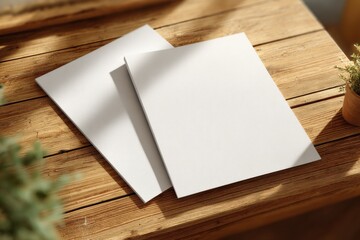 Poster - Two blank white sheets of paper on a wooden table with sunlight and plant for creative design or writing workspace background