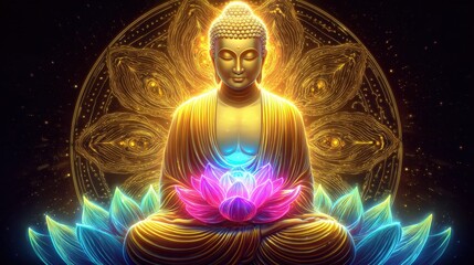 Aufkleber - Serene Golden Buddha Statue with Radiant Aura and Vibrant Lotus Flower in a Mystical Cosmic Background for Meditation Peace and Spiritual Enlightenment