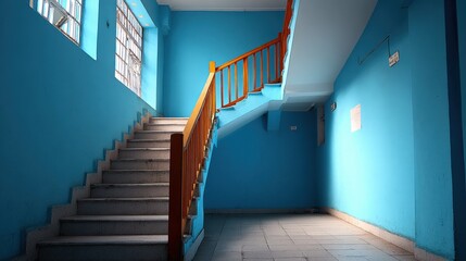 Poster - Vibrant Blue Interior of Staircase Hallway with Wooden Banister and Natural Light Streaming Through Window