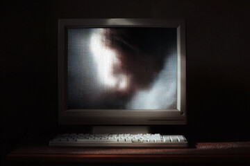 Poster - Retro computer with distorted face on screen, conveying themes of technology, data privacy, and digital identity. Useful for articles about cyber security or AI.