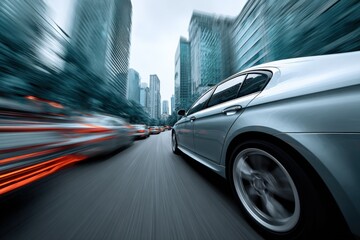 Aufkleber - Modern luxury silver sedan car speeding through city street with tall skyscrapers and motion blur in urban environment du daytime