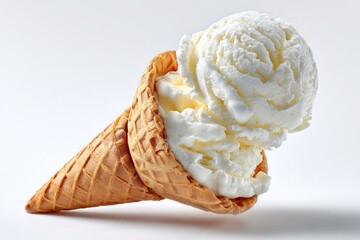 Aufkleber - Delicious vanilla ice cream scoop in a crispy waffle cone isolated on a white background perfect for dessert and summer treats