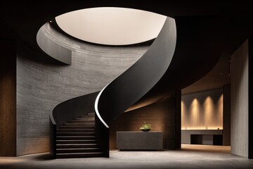 Poster - Modern minimalist interior with curved staircase leading to an open circular skylight in a sleek contemporary building