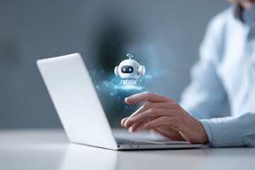 Poster - Human interacting with an AI chatbot. Concept for digital assistance, automation, machine learning and future tech. Great for tech, business, innovation.