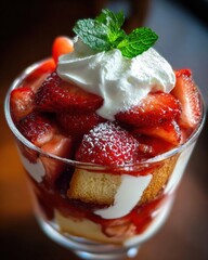 Poster - Fresh homemade strawberry shortcake parfait with whipped cream mint leaves and layered sponge cake in a glass dessert bowl