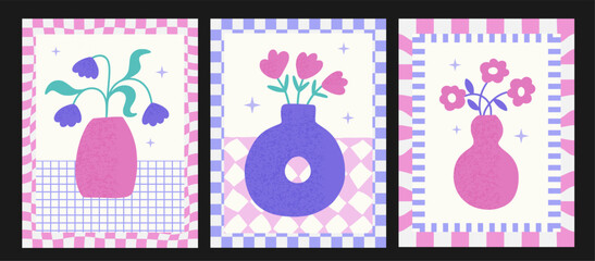 Wall Mural - Set of collection of posters with abstract cut-out flower bouquet in vase. Flier with floral botanical elements and funny frames