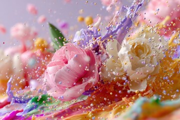 Poster - Vibrant colorful floral composition with delicate pink and white roses, lavender, scattered confetti, droplets, and lush green leaves on a bright background