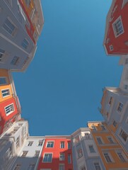 Poster - Wide-angle view looking up at colorful modern residential buildings surrounding a clear blue sky in a vibrant urban neighborhood scene