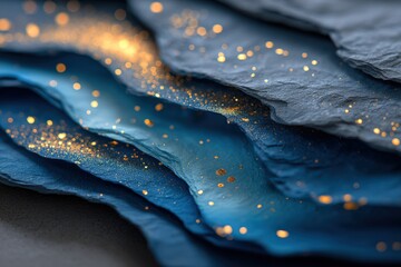 Aufkleber - Abstract close up of layered textured paper with dark blue gray shades and golden glitter particles creating a luxurious artistic background