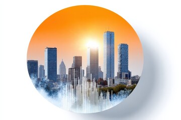 Aufkleber - Modern city skyline with tall skyscrapers at sunrise, vibrant urban scene with high-rise buildings and bright orange sky background