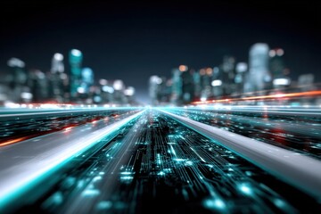 Aufkleber - Futuristic digital cityscape at night with bright glowing light trails and illuminated skyscrapers creating an ultra-modern high-tech urban environment scene