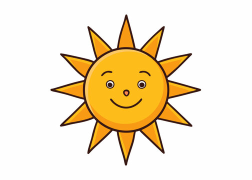 Happy smiling sun, funny sticker, summer symbol, weather sign, logo design, childish clip art element. Hand drawn vector illustration
