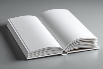 Poster - Open blank notebook with white pages on gray background for writing journaling or note taking, flat lay composition